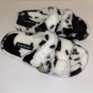 Bebe Black & White Faux Fur Knotted Slide Slippers with gold design